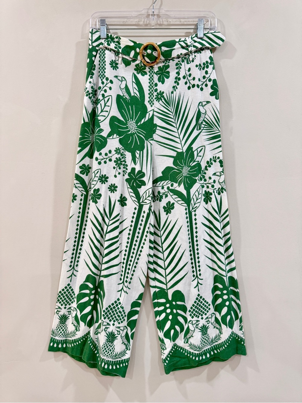 Maison d'Amelie Linen Blend Tropical Toucan Wide Leg Pants Resort Coastal M